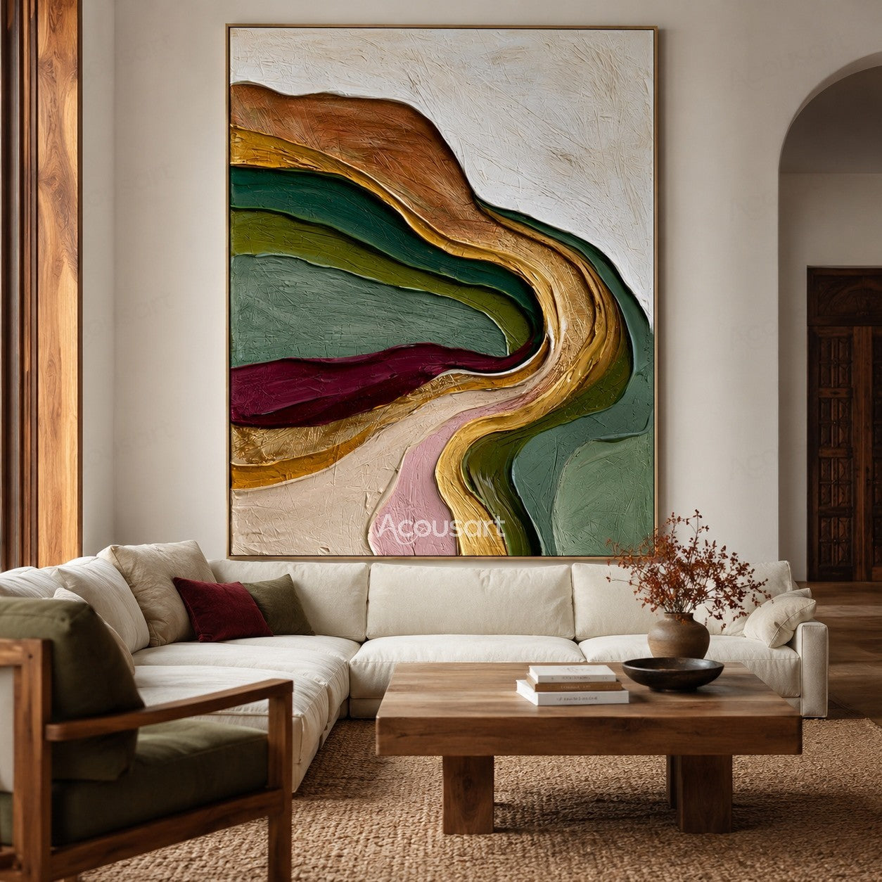 Multicolor textured abstract wall art with flowing layers of green, gold, burgundy, pink, and earthy tones