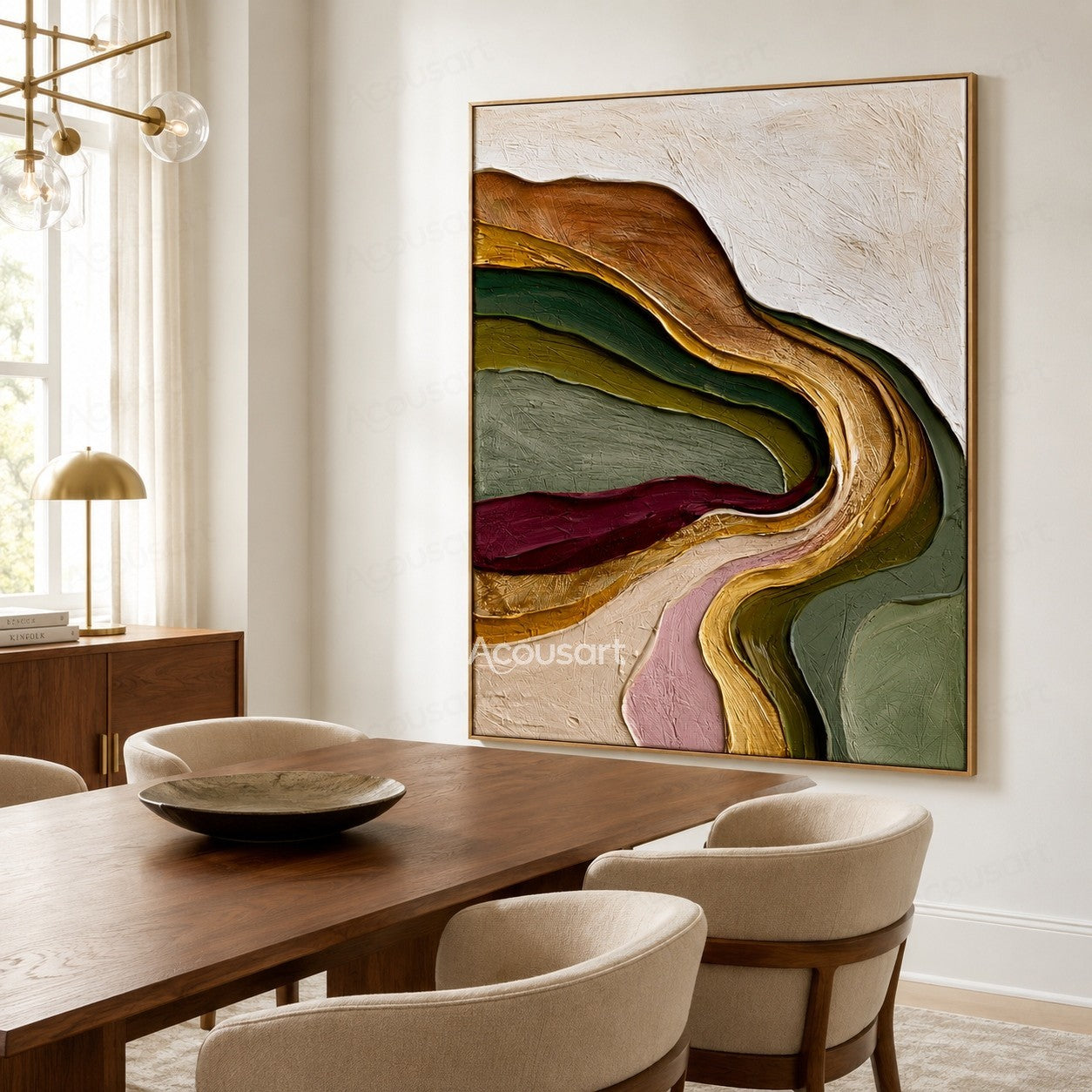 Multicolor textured abstract wall art with flowing layers of green, gold, burgundy, pink, and earthy tones