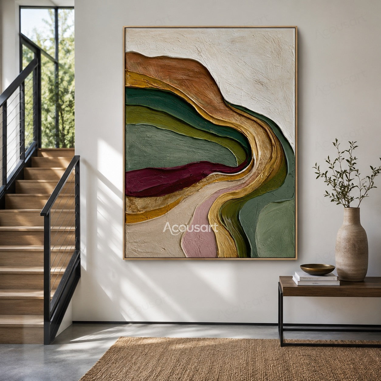 Multicolor textured abstract wall art with flowing layers of green, gold, burgundy, pink, and earthy tones