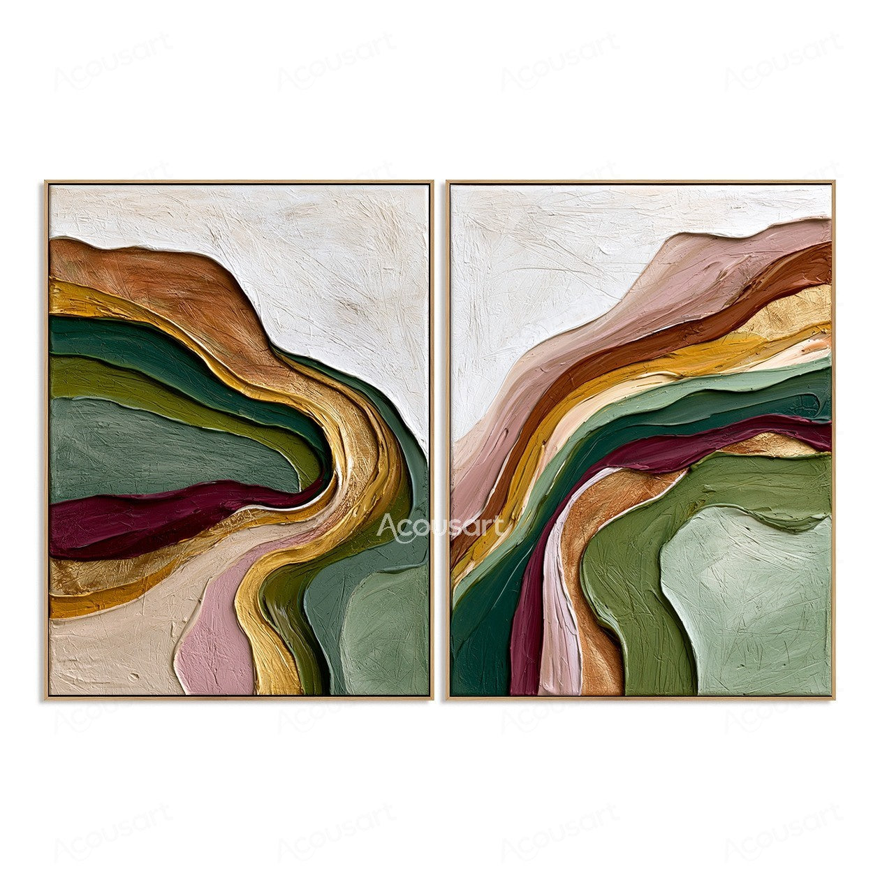 Textured abstract diptych wall art with flowing layers of green, gold, burgundy, pink, and earthy colors