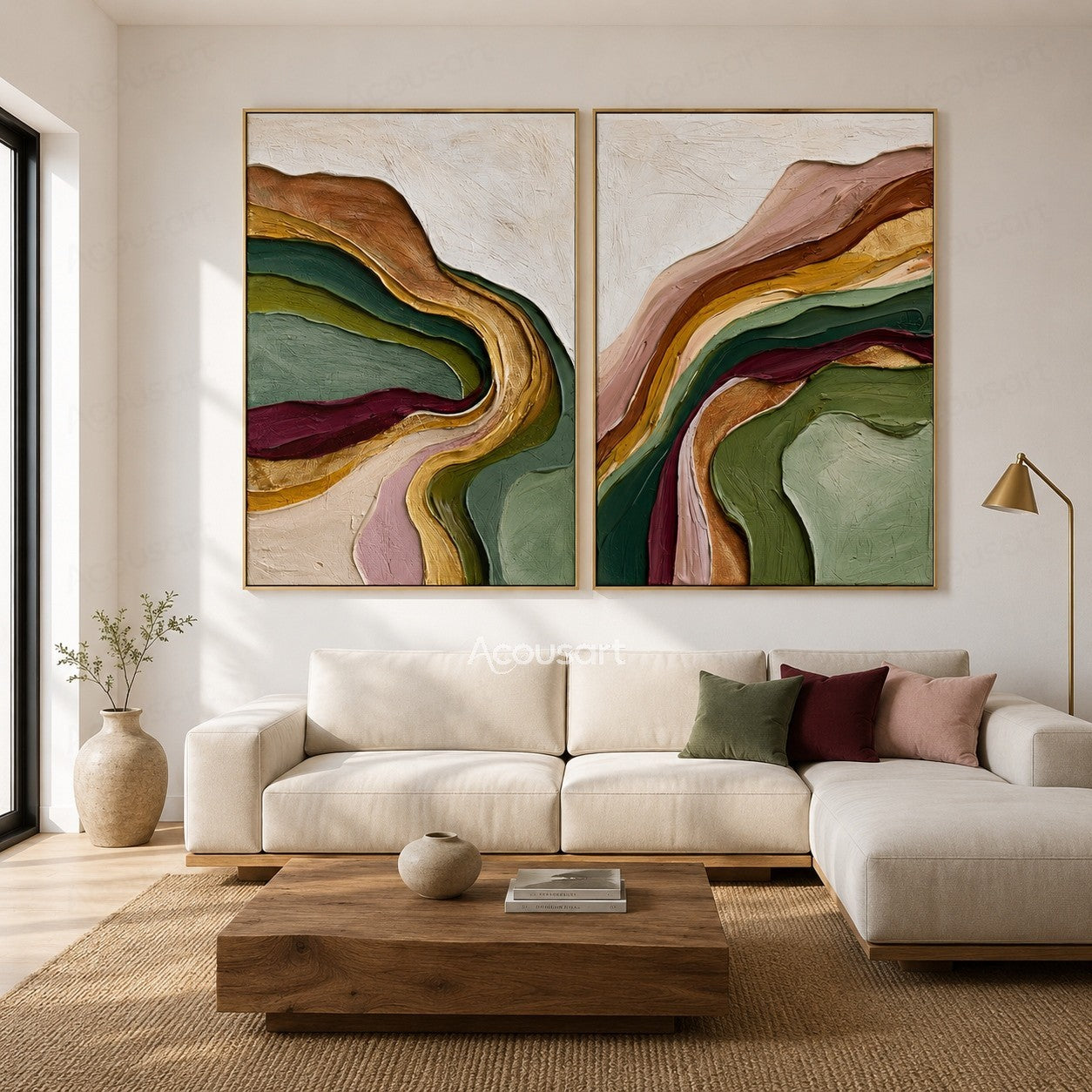 Textured abstract diptych wall art with flowing layers of green, gold, burgundy, pink, and earthy colors