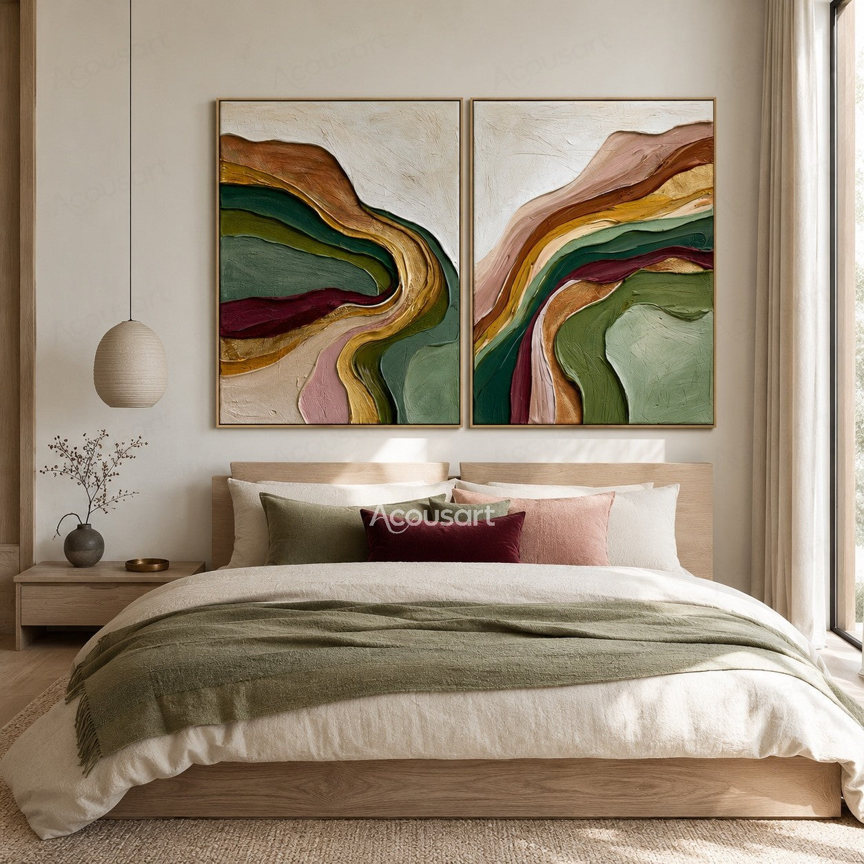 Textured abstract diptych wall art with flowing layers of green, gold, burgundy, pink, and earthy colors
