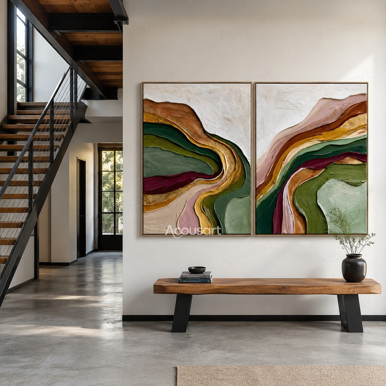 Textured abstract diptych wall art with flowing layers of green, gold, burgundy, pink, and earthy colors