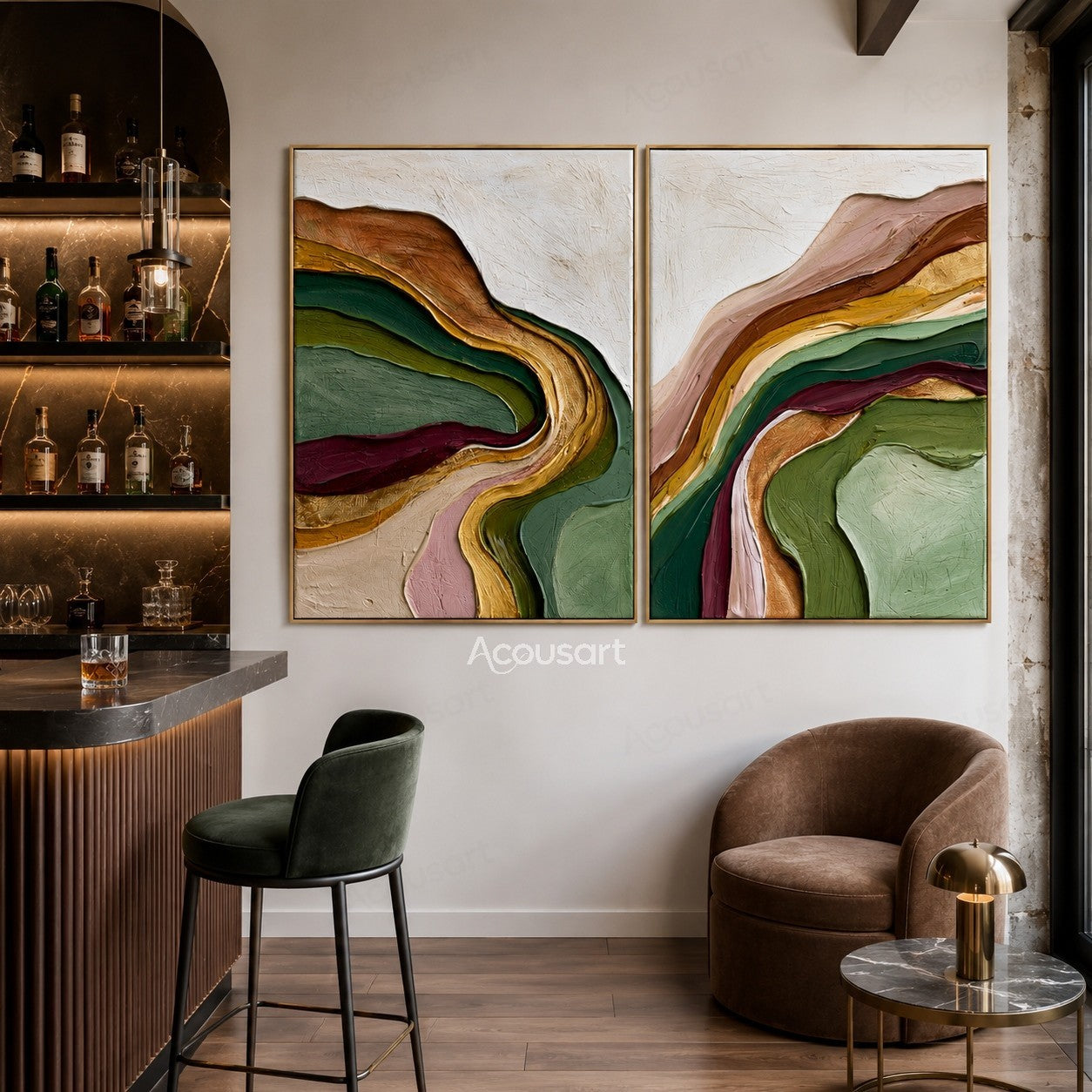 Textured abstract diptych wall art with flowing layers of green, gold, burgundy, pink, and earthy colors