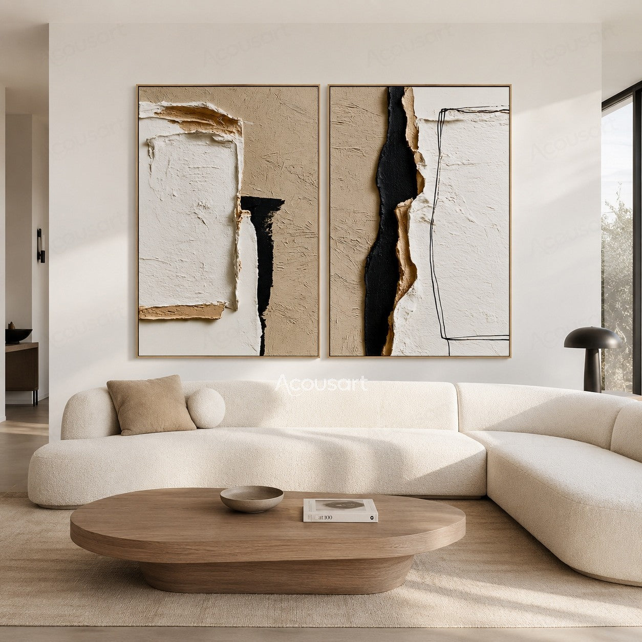 Minimalist textured abstract wall art set with beige, ivory, black layers and plaster-style details