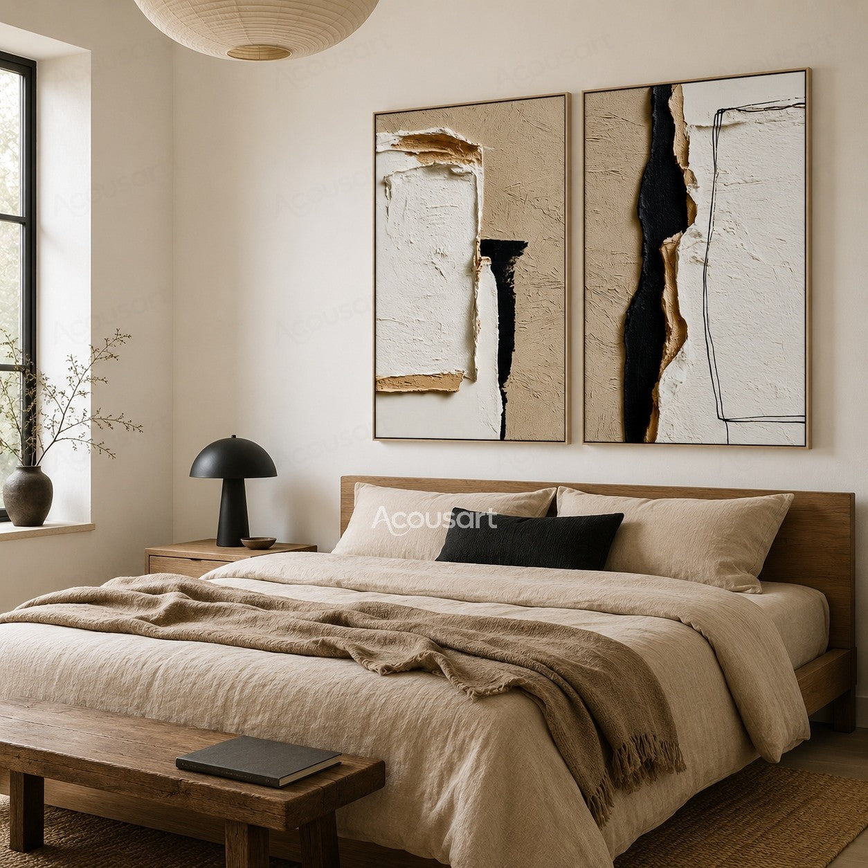 Minimalist textured abstract wall art set with beige, ivory, black layers and plaster-style details