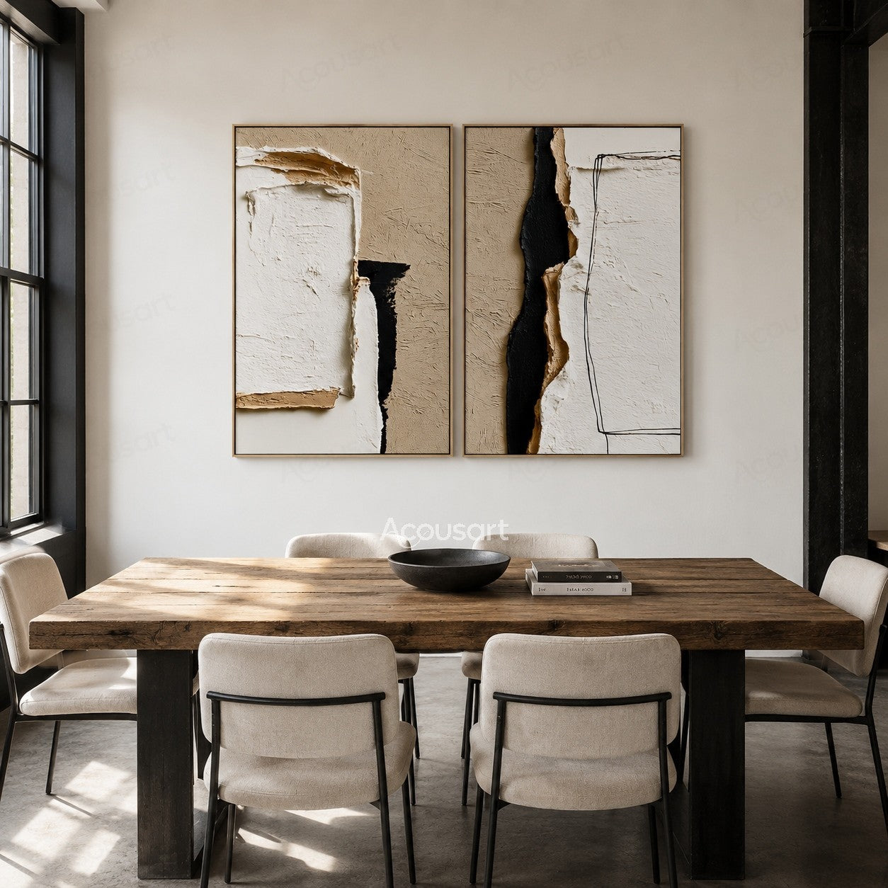 Minimalist textured abstract wall art set with beige, ivory, black layers and plaster-style details
