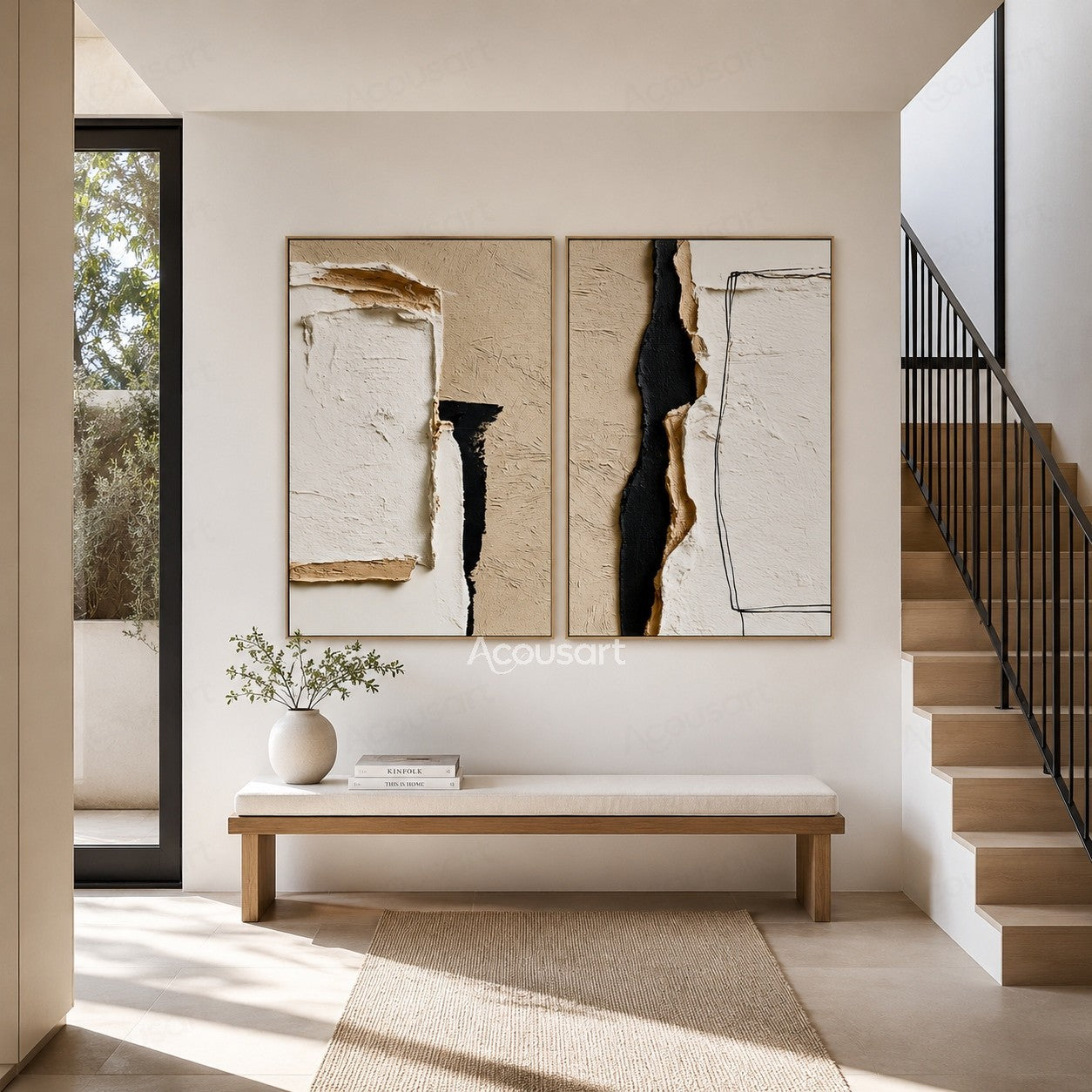 Minimalist textured abstract wall art set with beige, ivory, black layers and plaster-style details