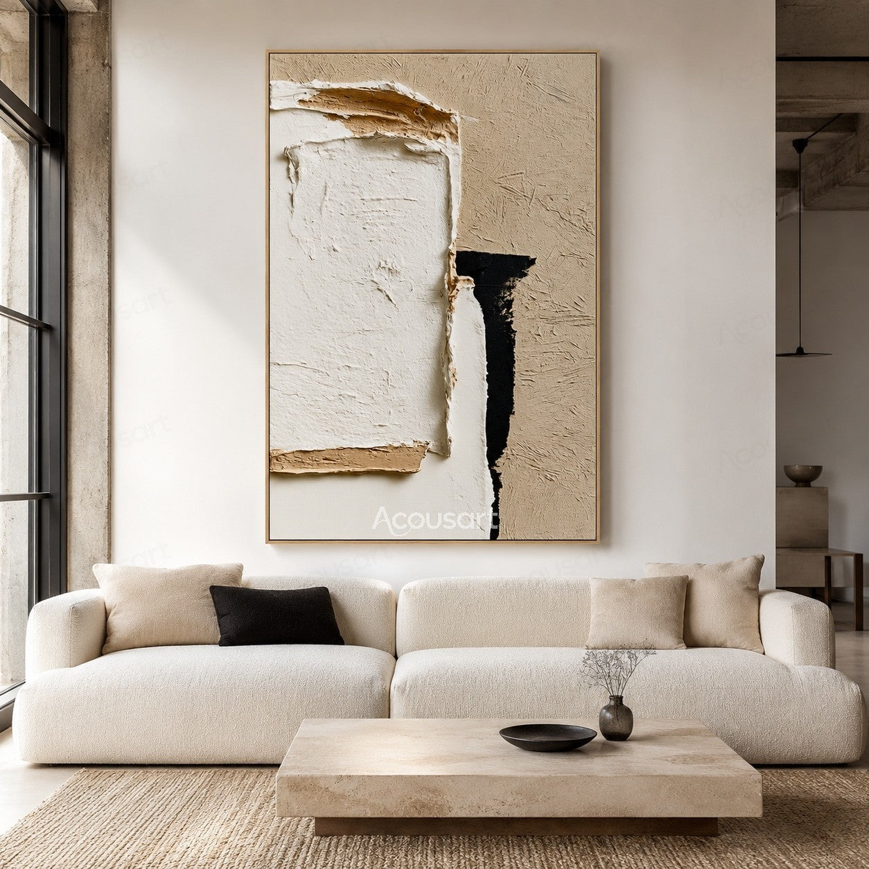 Minimalist textured abstract wall art with layered white plaster shapes, beige background, and black contrast details