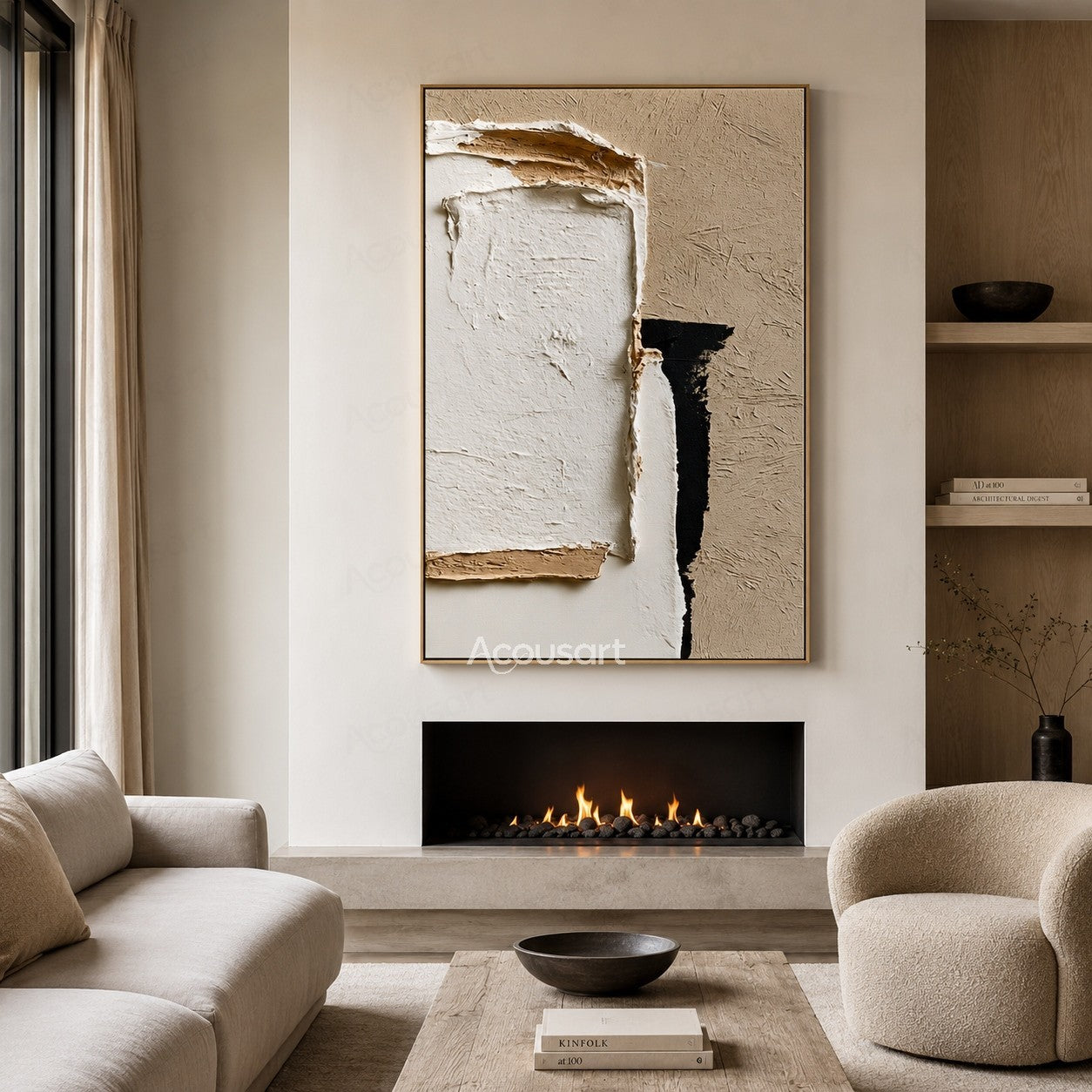Minimalist textured abstract wall art with layered white plaster shapes, beige background, and black contrast details