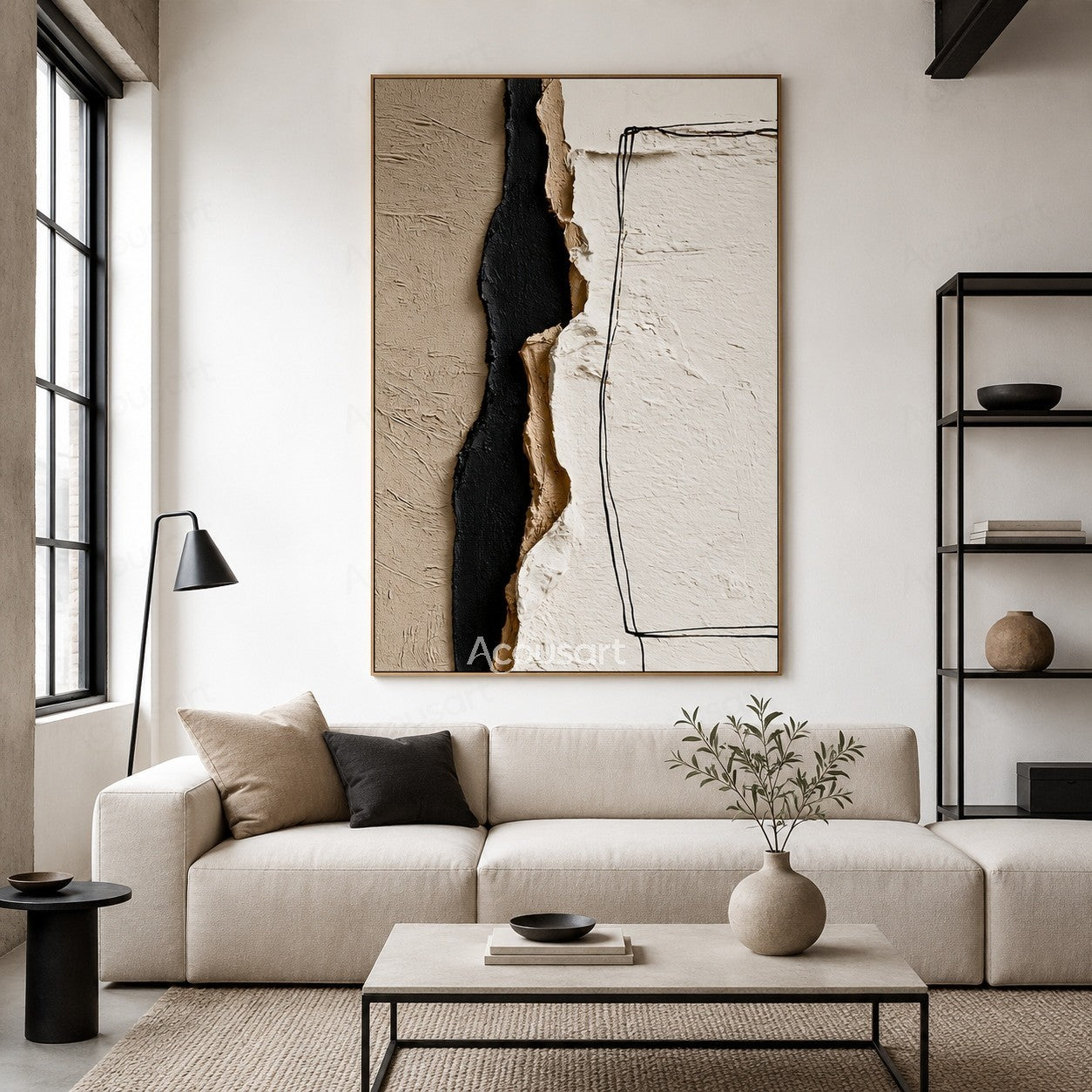 Minimalist textured abstract wall art with cream, ivory, beige, and black layered details