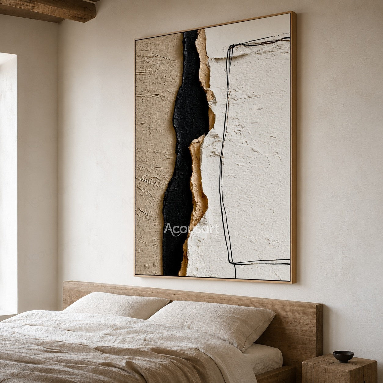 Minimalist textured abstract wall art with cream, ivory, beige, and black layered details