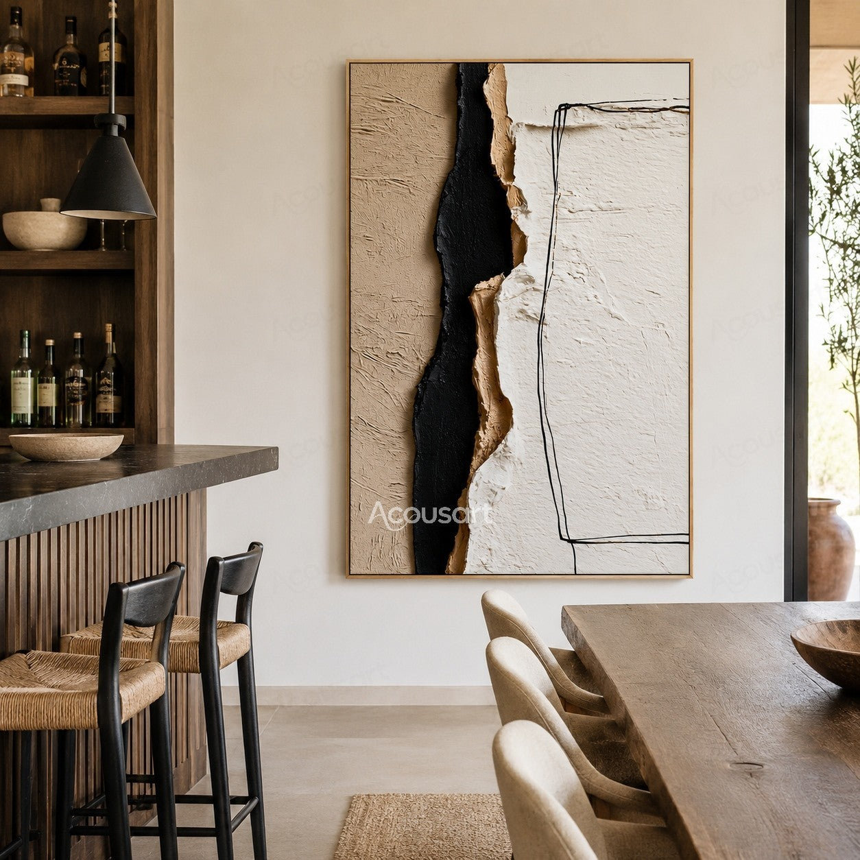 Minimalist textured abstract wall art with cream, ivory, beige, and black layered details