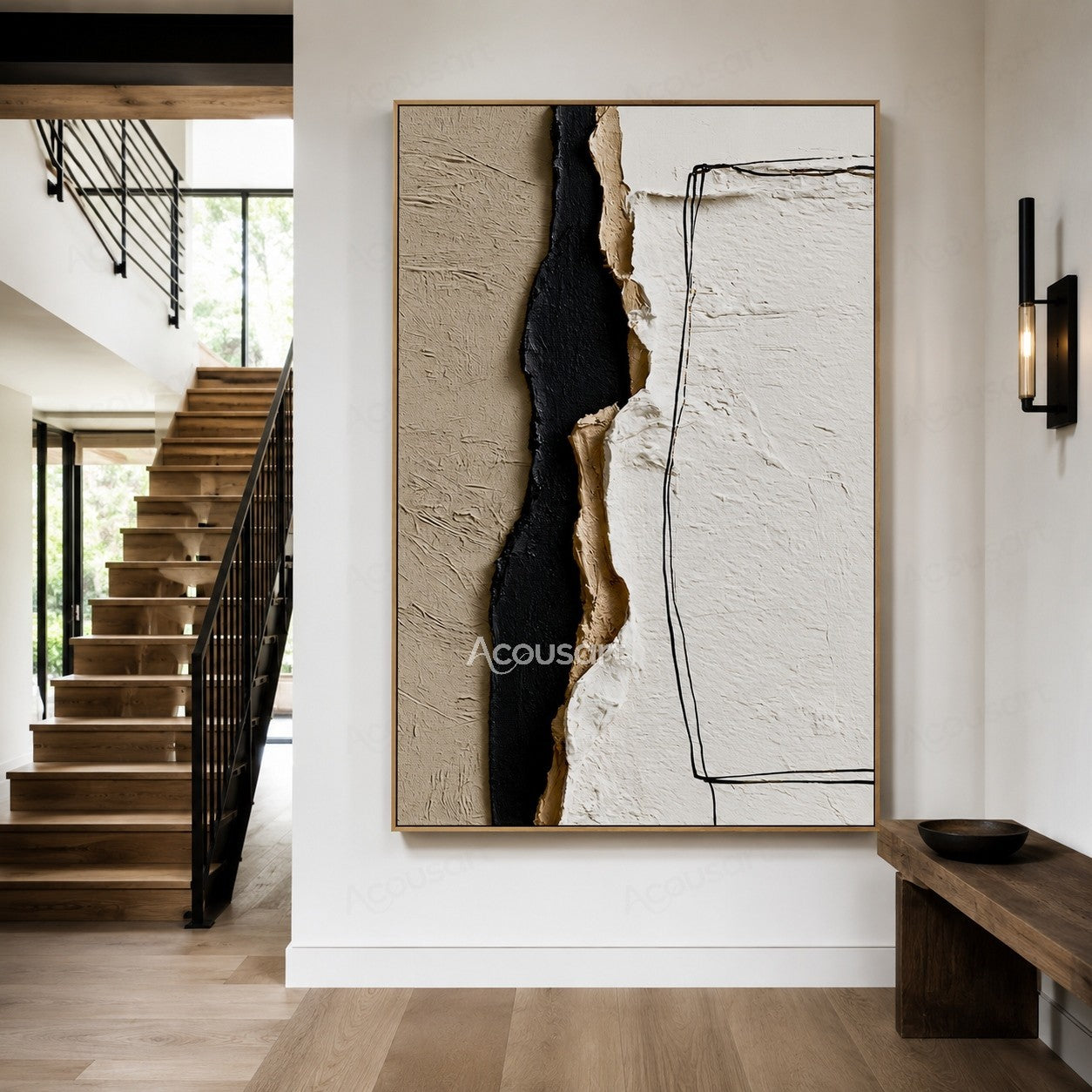 Minimalist textured abstract wall art with cream, ivory, beige, and black layered details