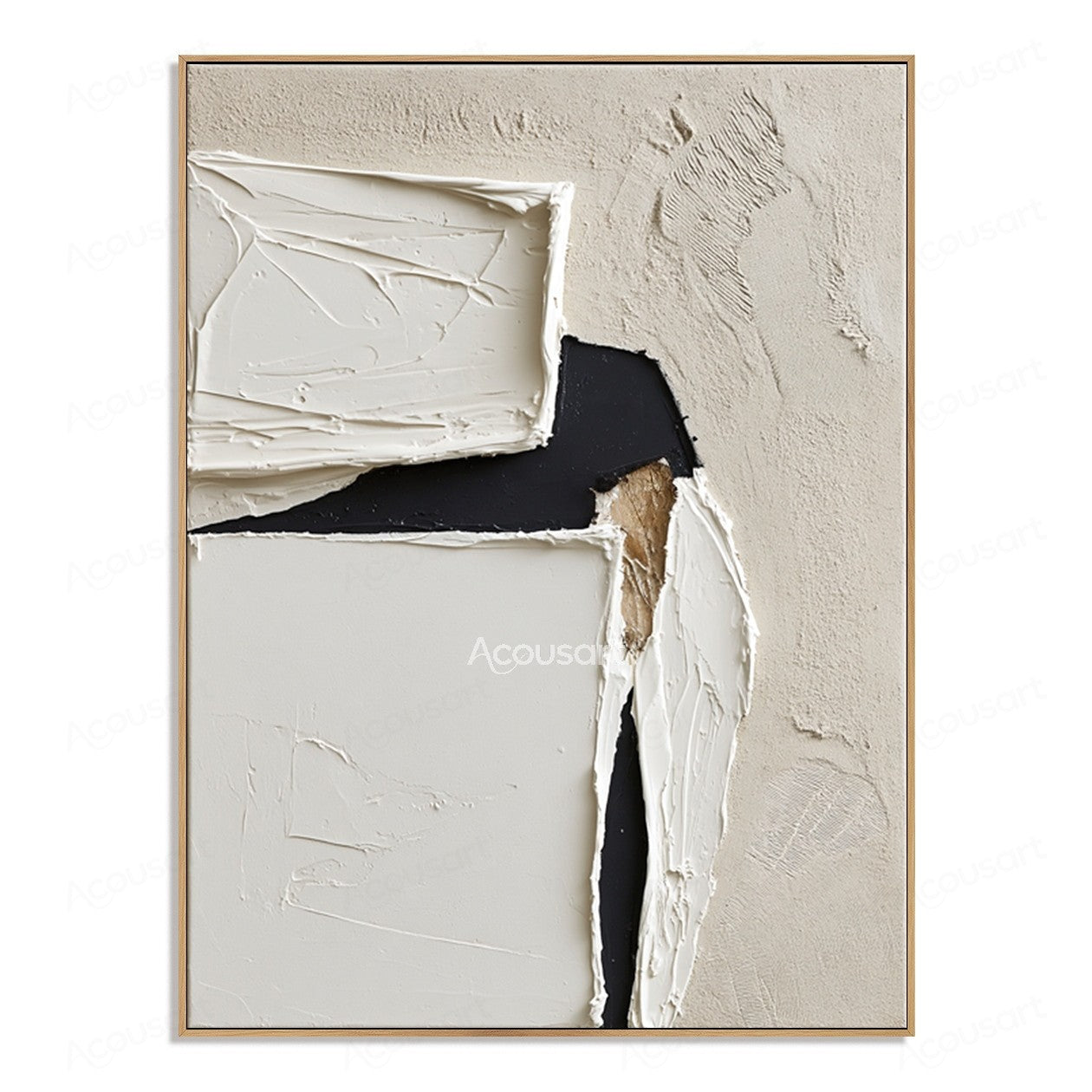 Minimalist textured abstract wall art in cream, ivory, beige, and black with layered plaster shapes