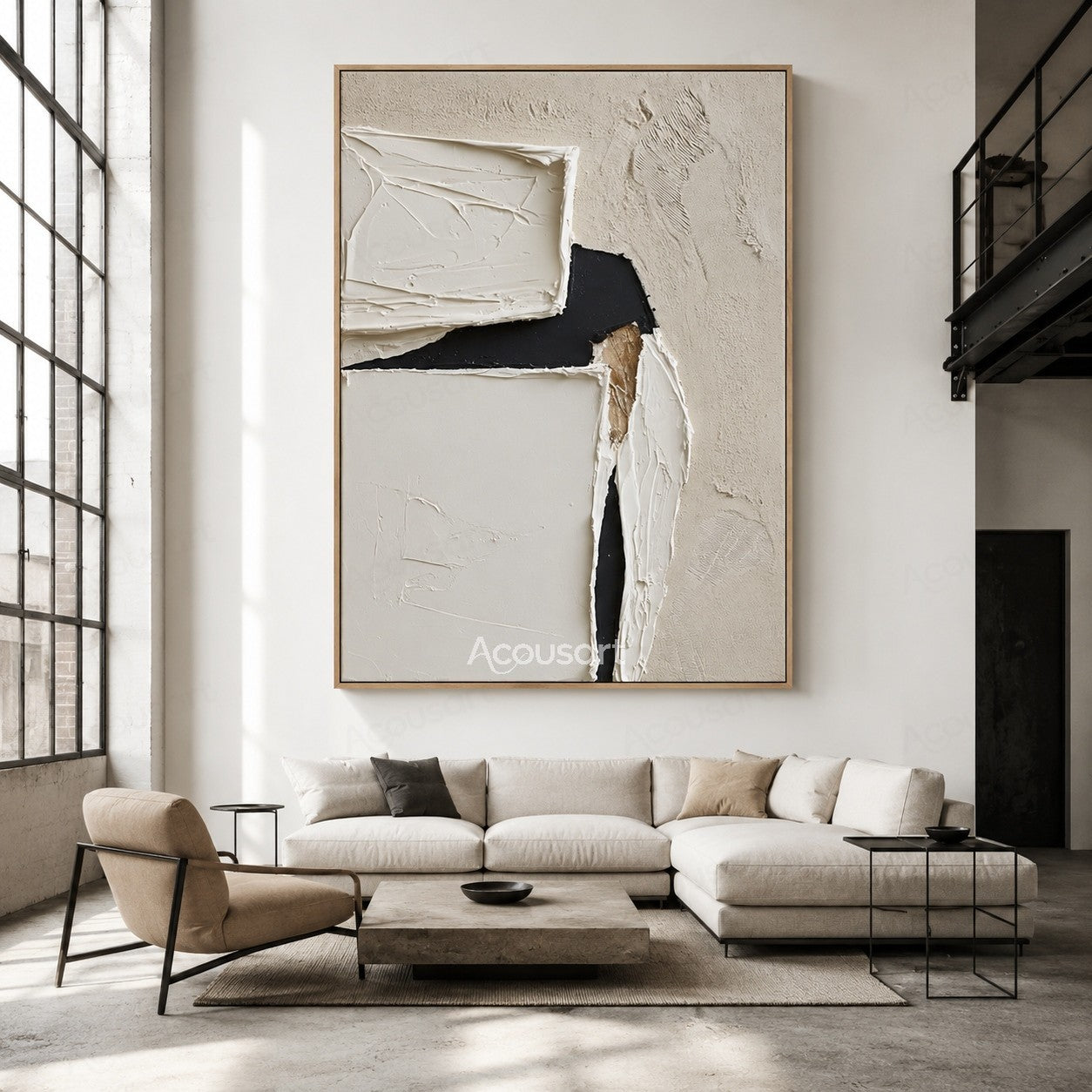 Minimalist textured abstract wall art in cream, ivory, beige, and black with layered plaster shapes