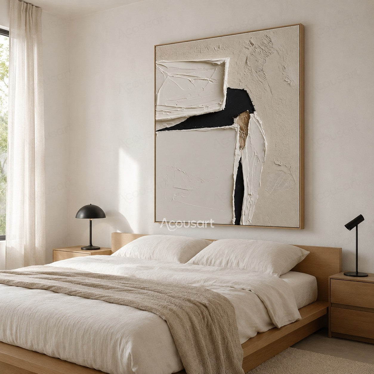 Minimalist textured abstract wall art in cream, ivory, beige, and black with layered plaster shapes