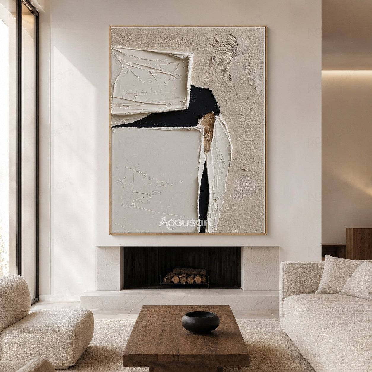 Minimalist textured abstract wall art in cream, ivory, beige, and black with layered plaster shapes