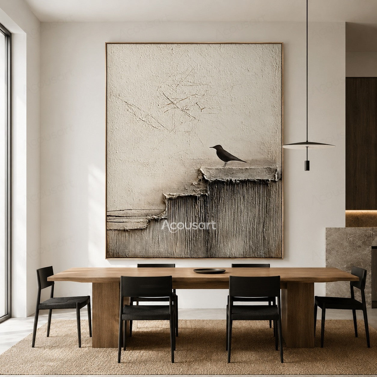 Minimalist textured bird wall art with a black bird standing on a layered cliff with neutral tones
