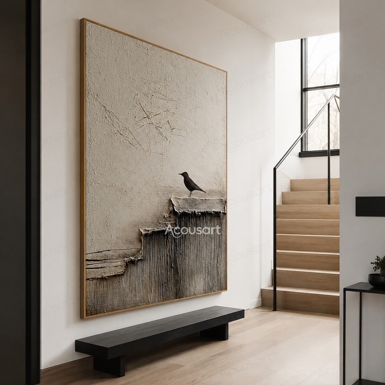 Minimalist textured bird wall art with a black bird standing on a layered cliff with neutral tones