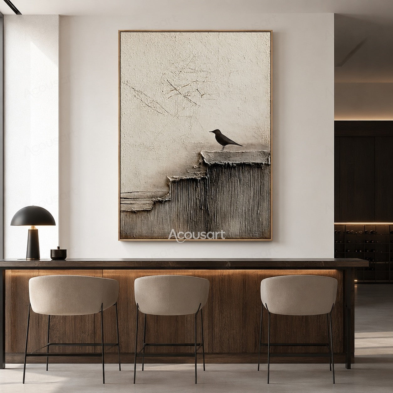 Minimalist textured bird wall art with a black bird standing on a layered cliff with neutral tones