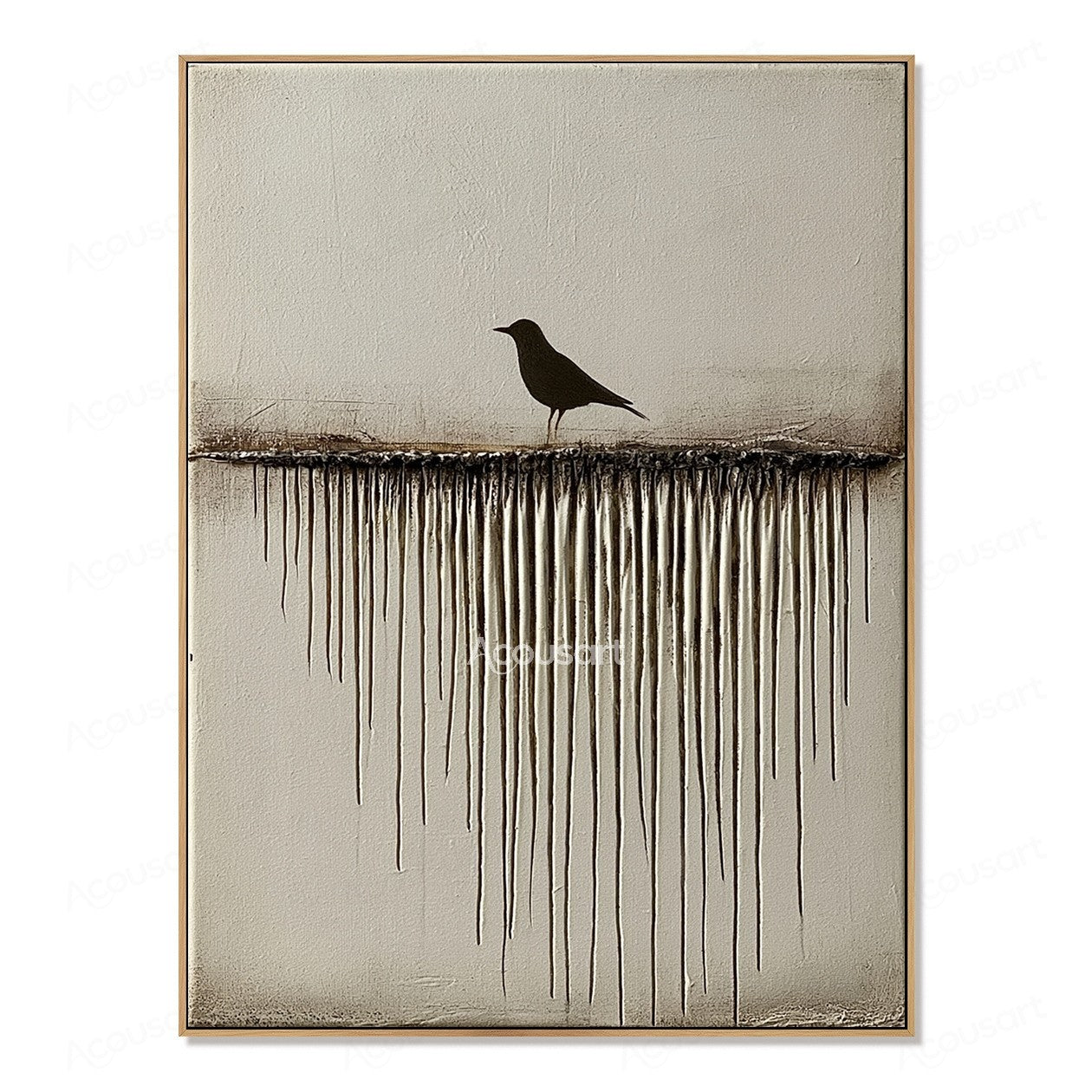 Minimalist textured bird wall art with a black bird on a horizontal line and flowing vertical texture details