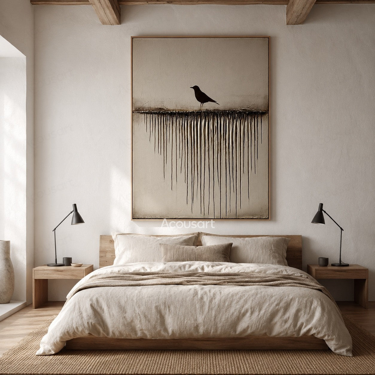 Minimalist textured bird wall art with a black bird on a horizontal line and flowing vertical texture details