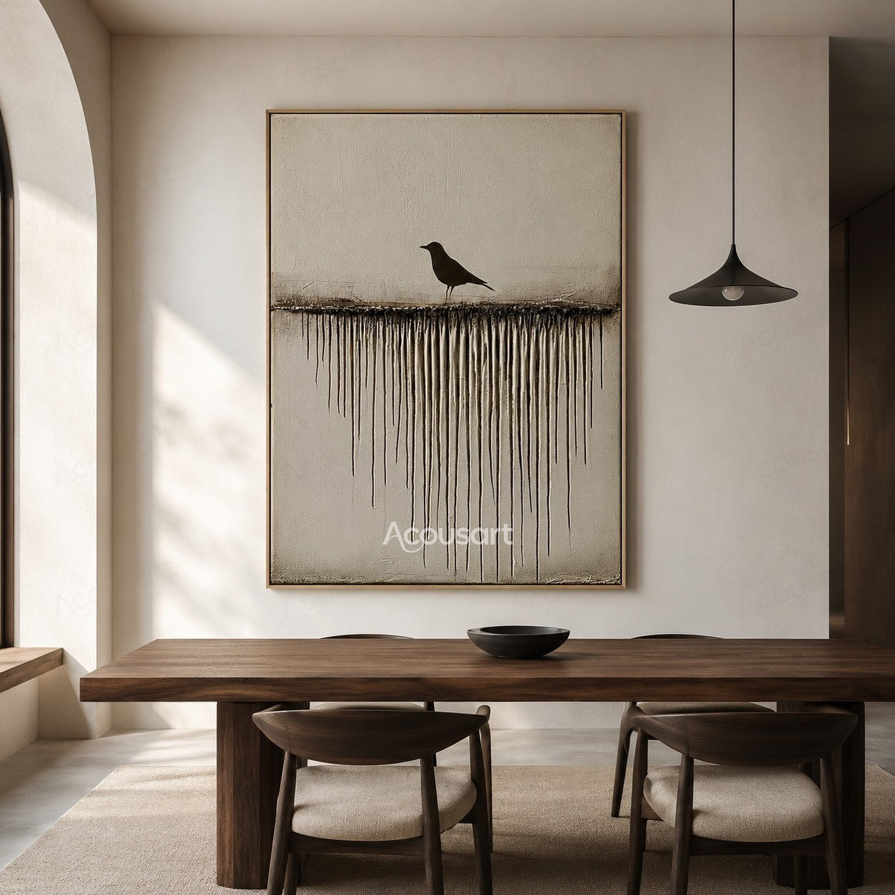 Minimalist textured bird wall art with a black bird on a horizontal line and flowing vertical texture details