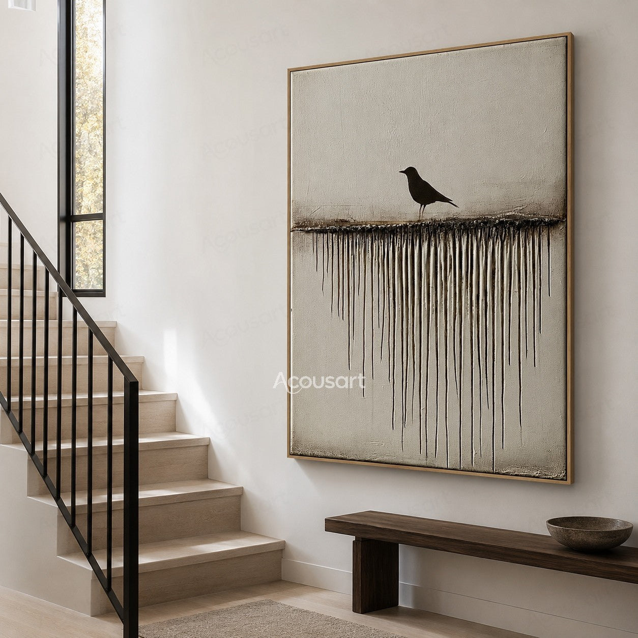 Minimalist textured bird wall art with a black bird on a horizontal line and flowing vertical texture details