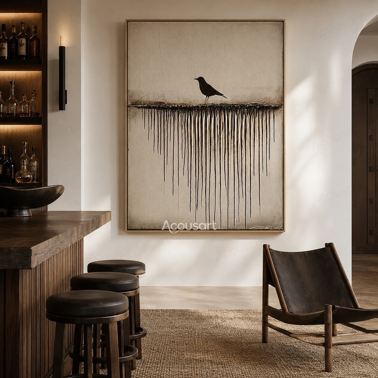 Minimalist textured bird wall art with a black bird on a horizontal line and flowing vertical texture details