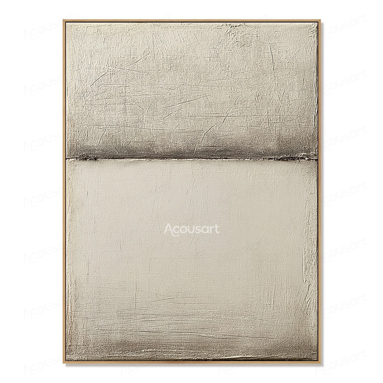 Minimalist neutral textured abstract wall art with beige and white layers and a horizontal horizon line