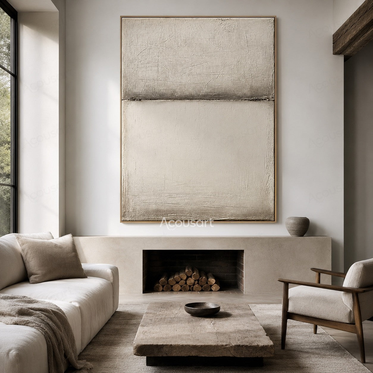 Minimalist neutral textured abstract wall art with beige and white layers and a horizontal horizon line