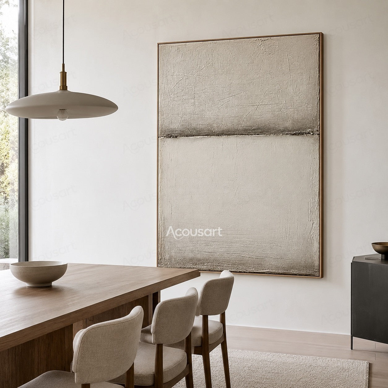 Minimalist neutral textured abstract wall art with beige and white layers and a horizontal horizon line