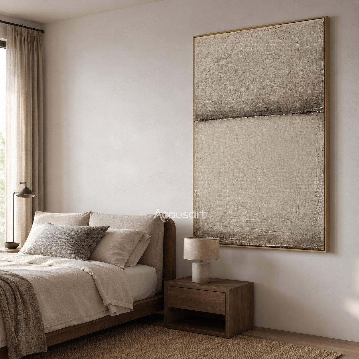 Minimalist neutral textured abstract wall art with beige and white layers and a horizontal horizon line