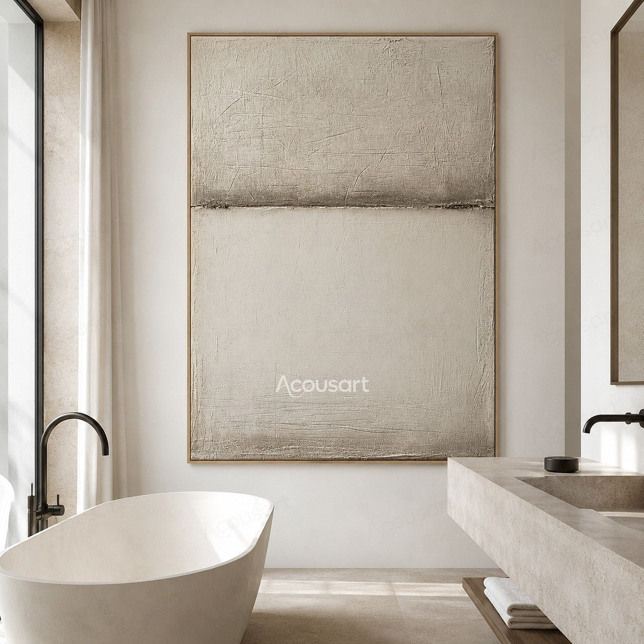 Minimalist neutral textured abstract wall art with beige and white layers and a horizontal horizon line