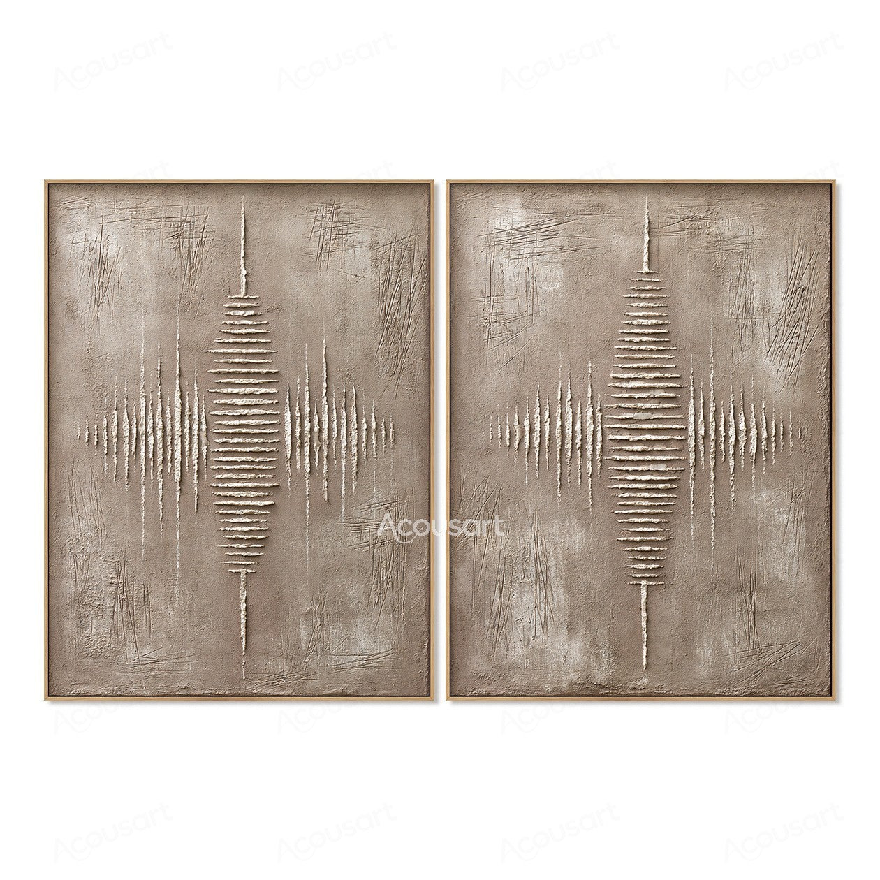 Minimalist textured diptych abstract wall art with beige background and symmetrical raised white line pattern