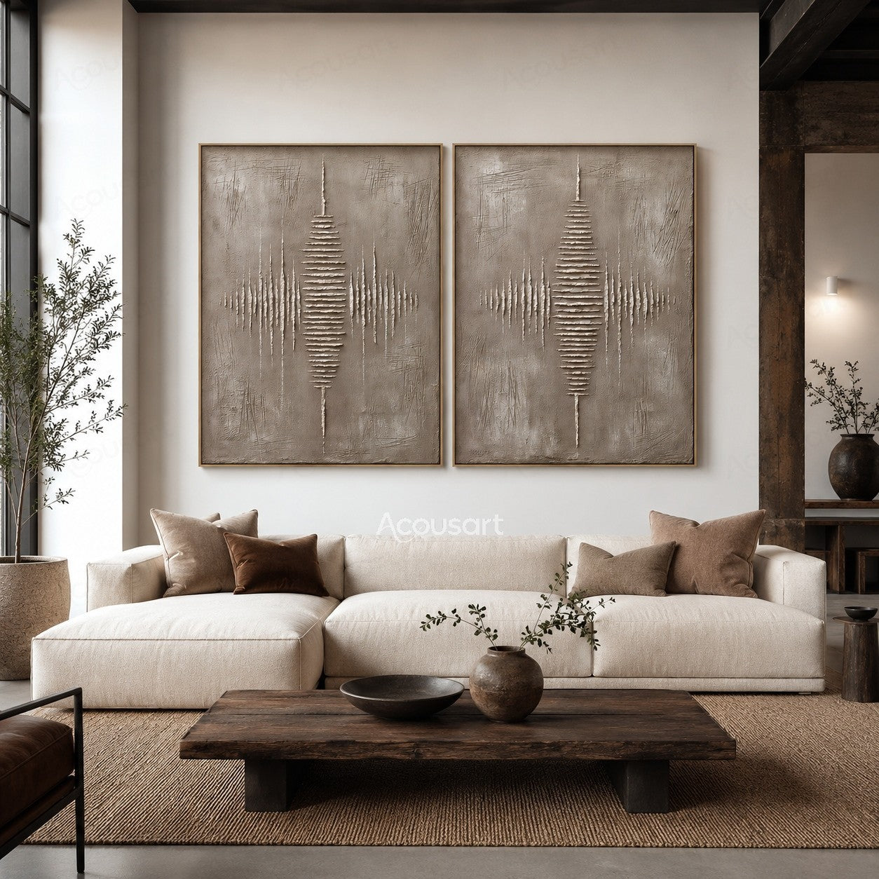 Minimalist textured diptych abstract wall art with beige background and symmetrical raised white line pattern