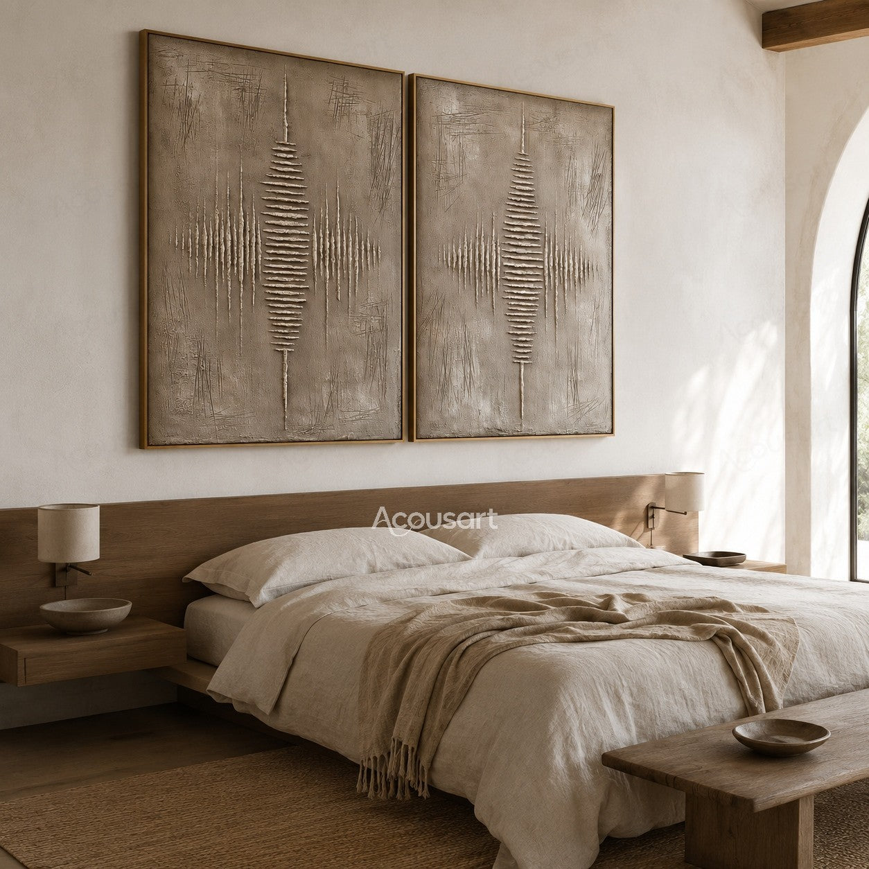 Minimalist textured diptych abstract wall art with beige background and symmetrical raised white line pattern