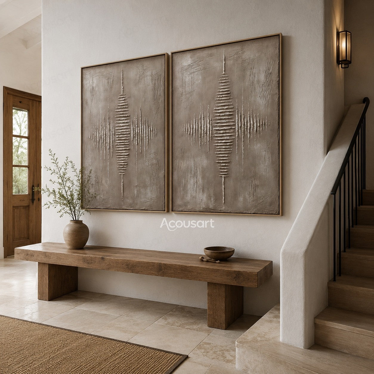 Minimalist textured diptych abstract wall art with beige background and symmetrical raised white line pattern