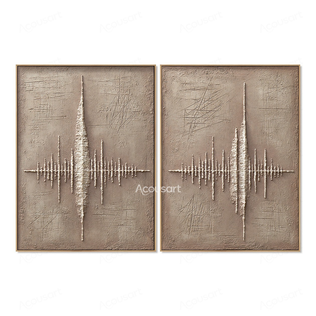 Minimalist textured diptych abstract wall art with beige background and raised white sound wave design