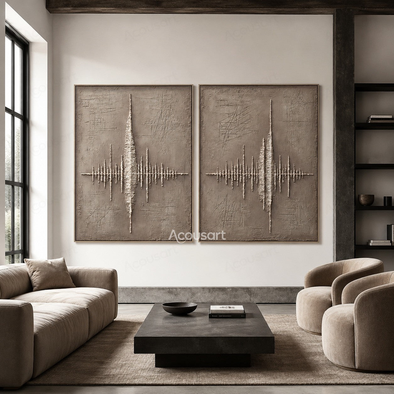 Minimalist textured diptych abstract wall art with beige background and raised white sound wave design