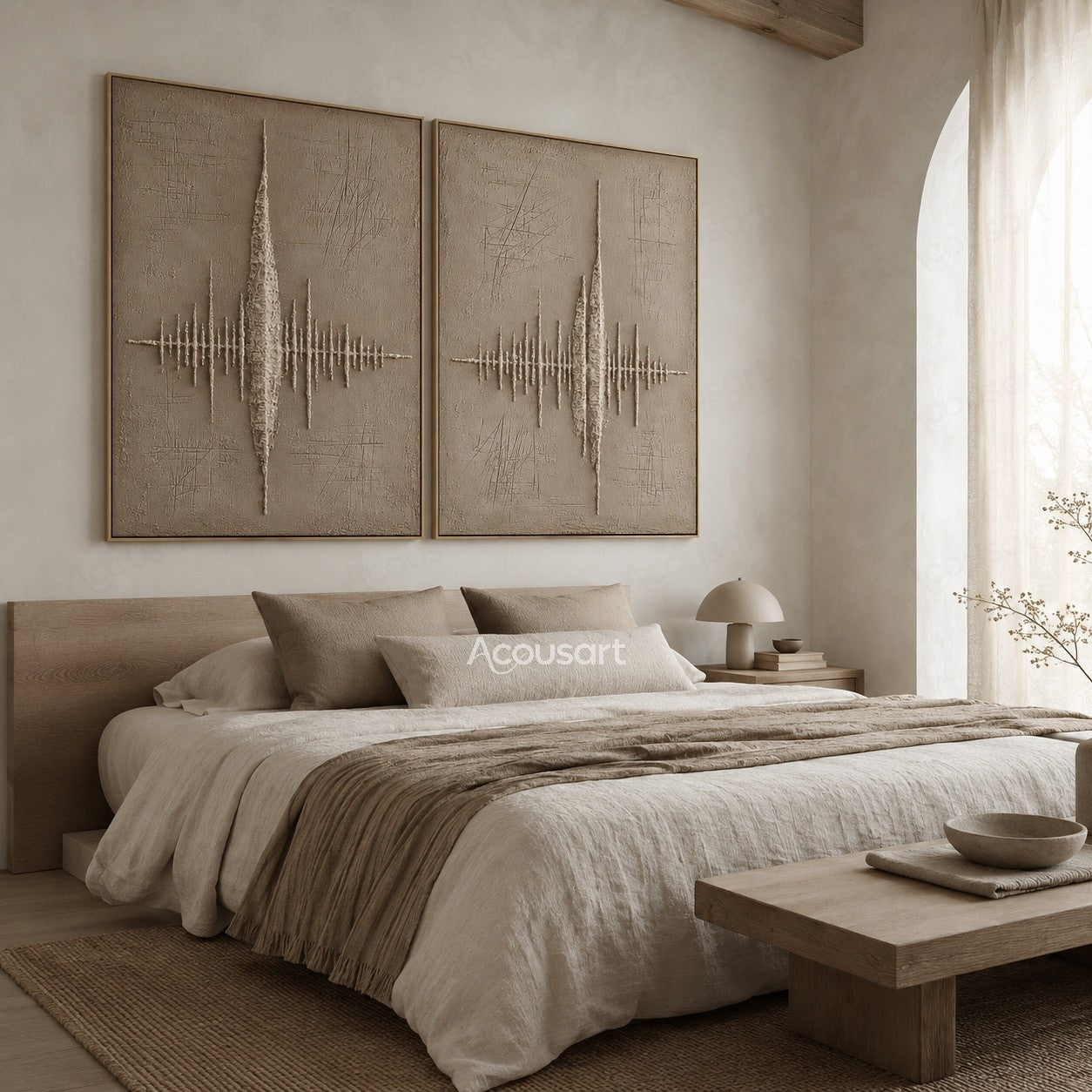 Minimalist textured diptych abstract wall art with beige background and raised white sound wave design