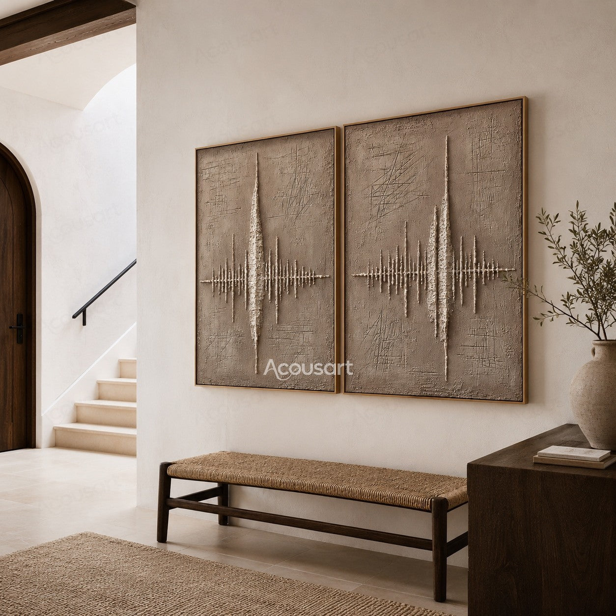 Minimalist textured diptych abstract wall art with beige background and raised white sound wave design