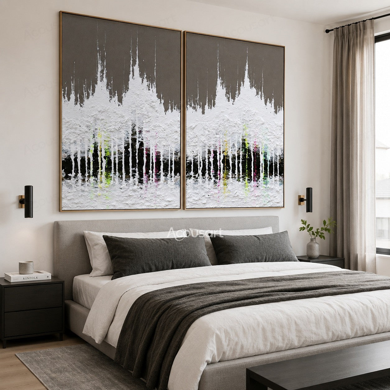 Modern textured cityscape diptych wall art with black skyline, white texture, and colorful urban lights