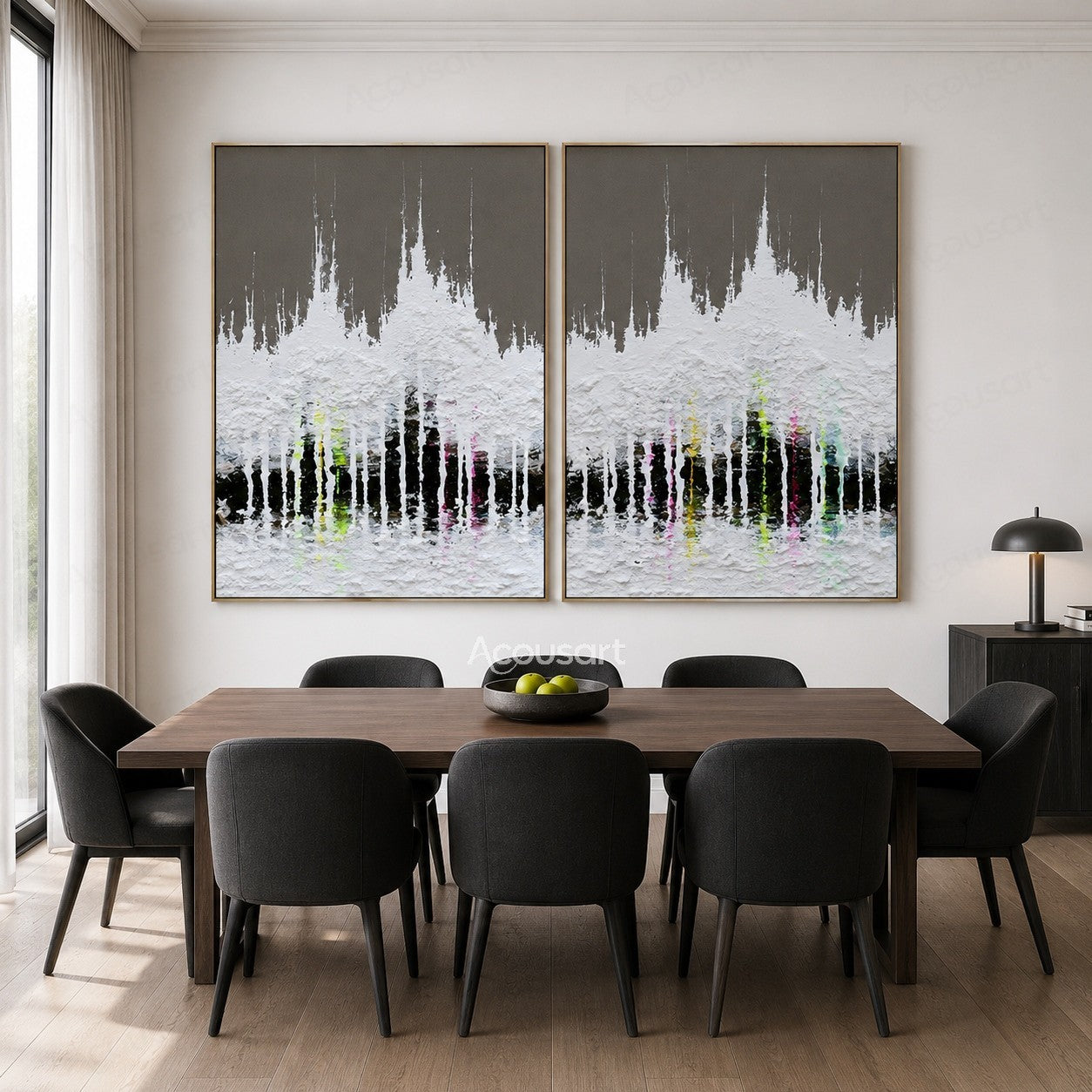 Modern textured cityscape diptych wall art with black skyline, white texture, and colorful urban lights