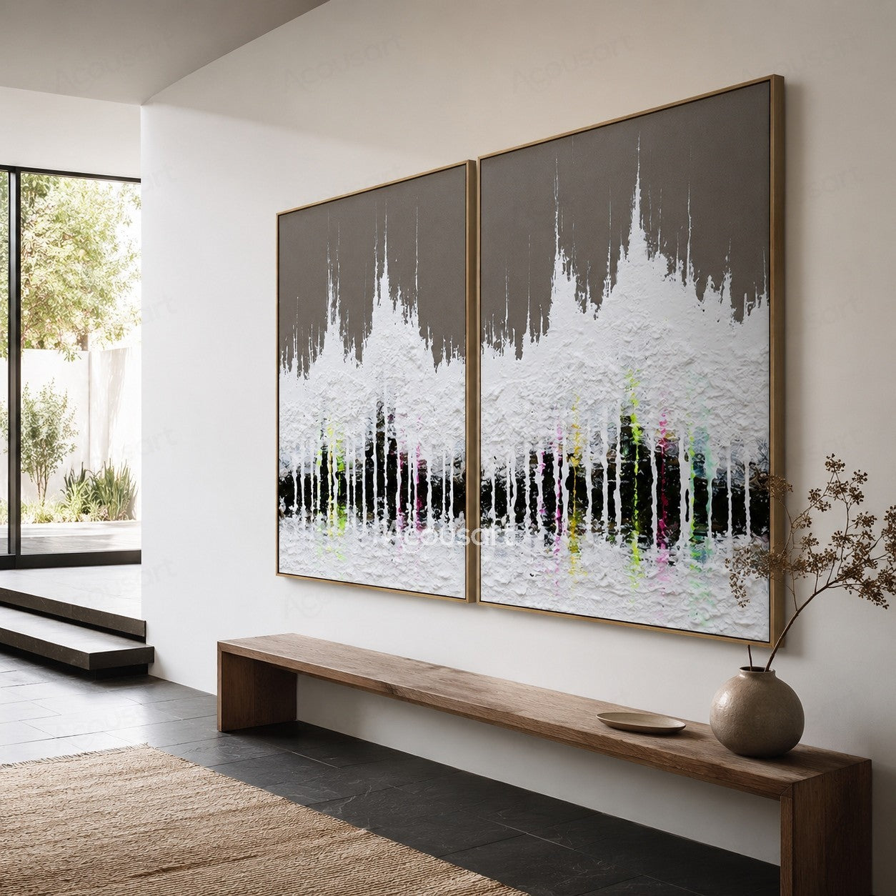 Modern textured cityscape diptych wall art with black skyline, white texture, and colorful urban lights