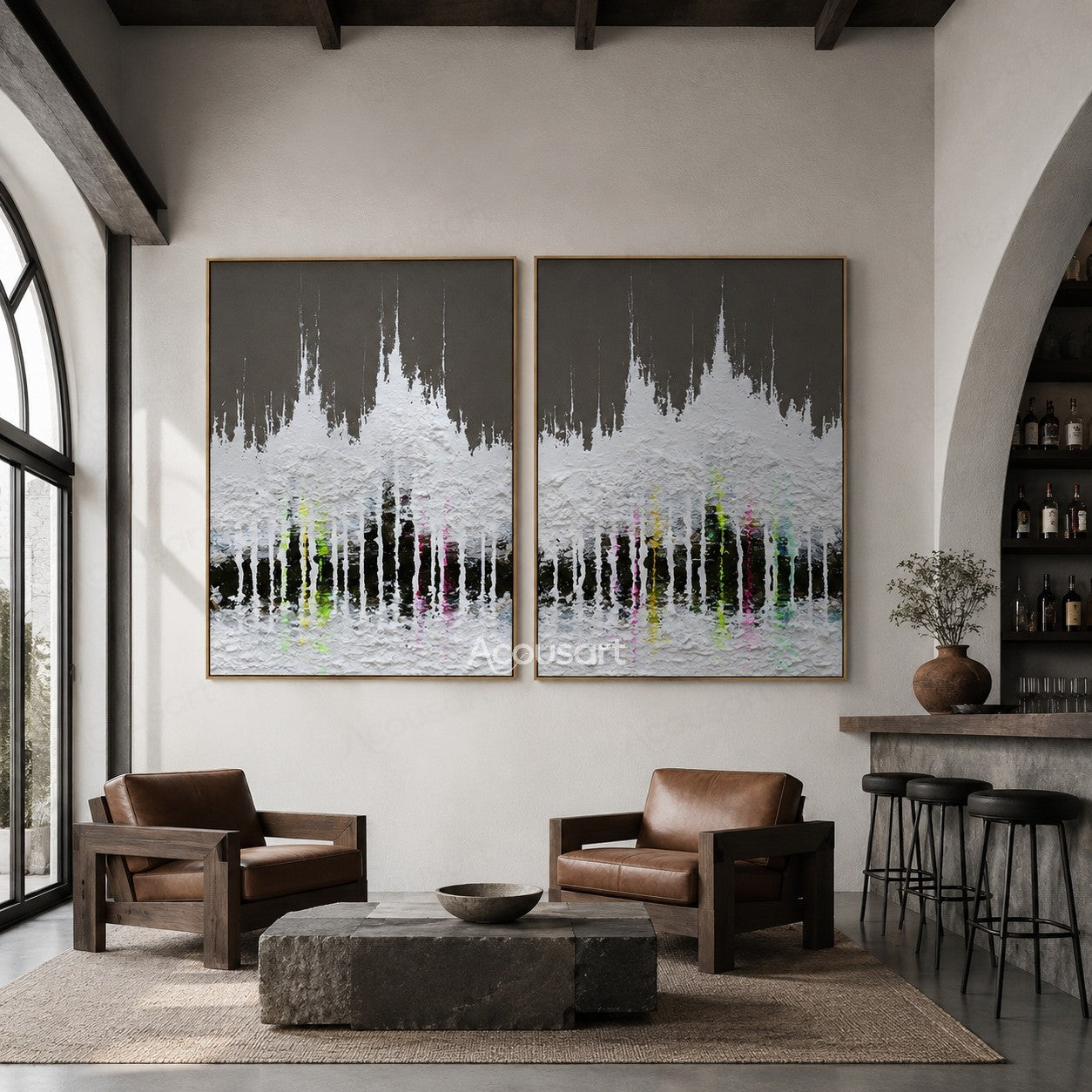 Modern textured cityscape diptych wall art with black skyline, white texture, and colorful urban lights