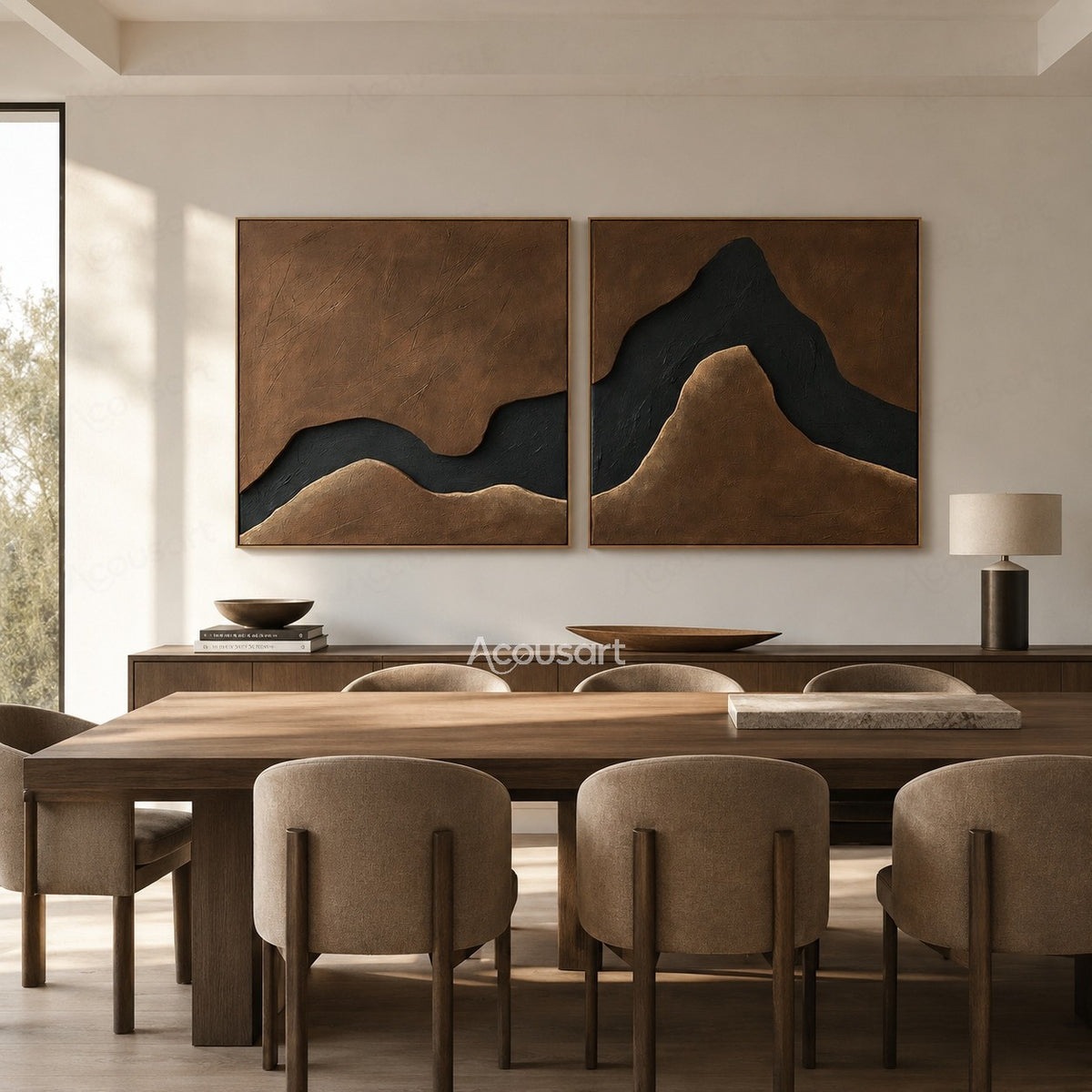 Brown abstract diptych wall art set with black flowing mountain-like shapes and textured neutral background