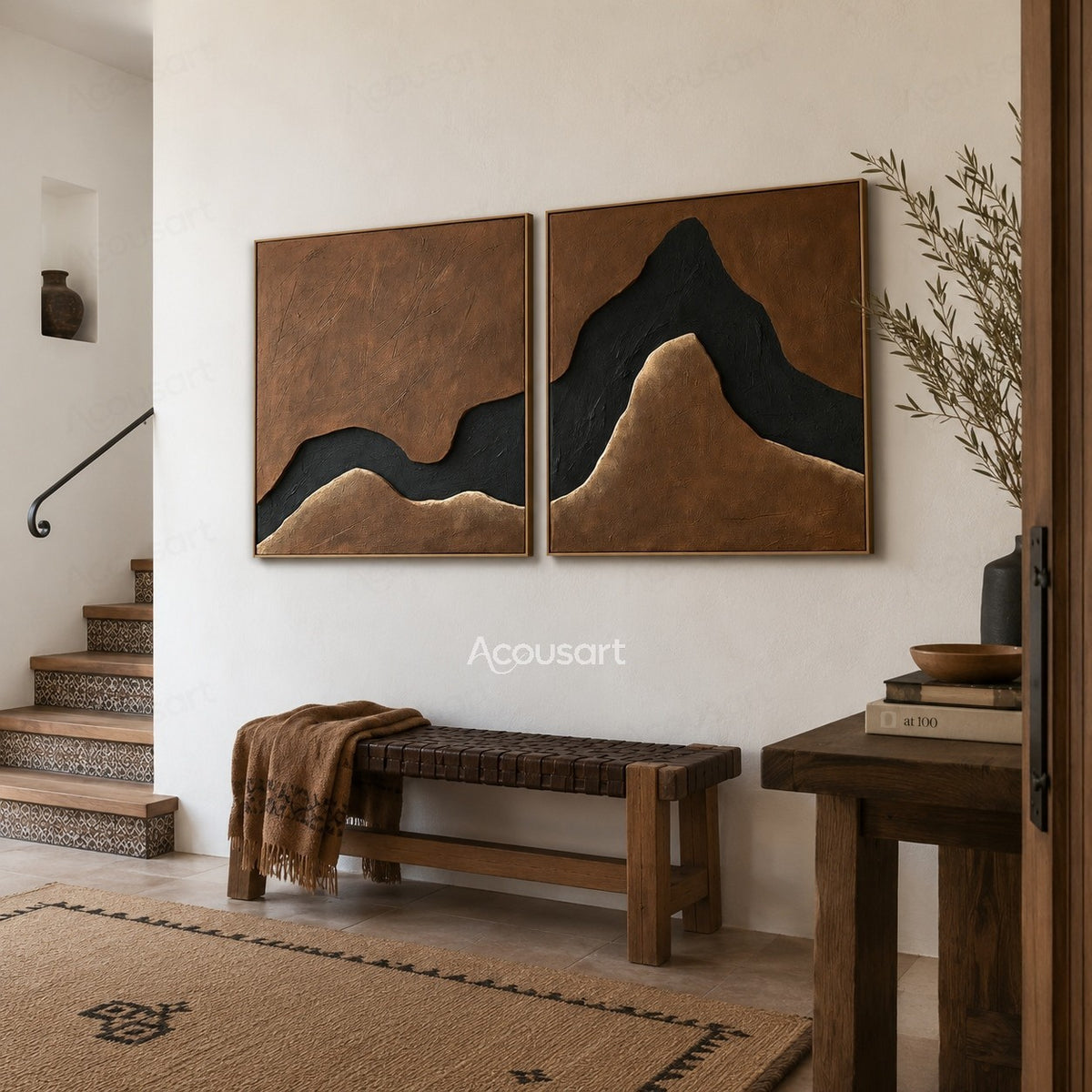 Brown abstract diptych wall art set with black flowing mountain-like shapes and textured neutral background