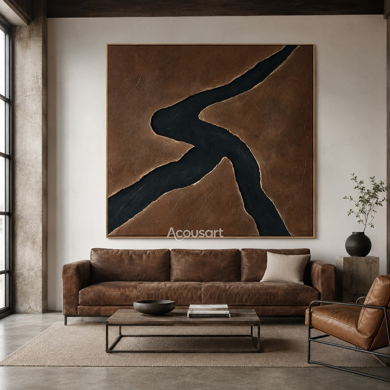 Minimalist black abstract textured wall art with flowing curved shape on a brown background